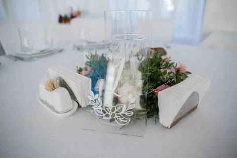 Wedding decor on a table in a restaurant Stock Photos