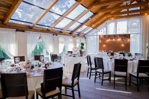 Wedding decor on a table in a restaurant Stock Photos