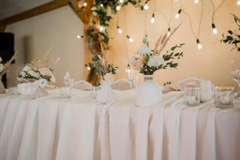 Wedding decor on the table in the restaurant Stock Photos