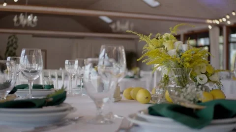 Wedding decor. Wedding day event organization table setting decor. Stock Footage 223941542