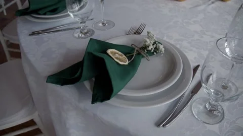 Wedding decor. Wedding day event organization table setting decor. Stock Footage 223941572