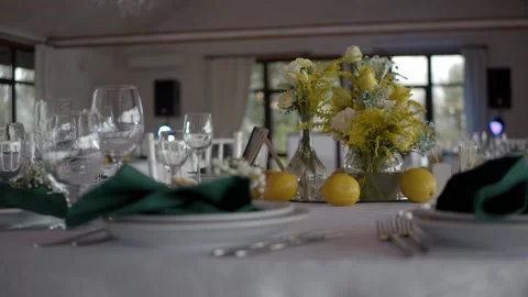 Wedding decor. Wedding day event organization table setting decor. Stock Footage 223941591