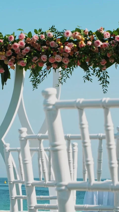 Wedding decor, white wedding arch decorated with roses, wedding ceremony on the Stock Footage 311319161
