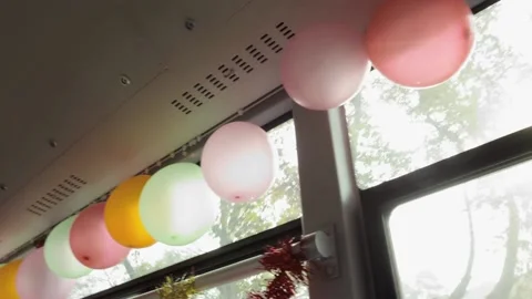 Wedding decorated bus interior Stock Footage 235265500