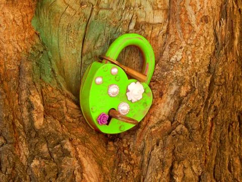 Wedding decorated lock on the tree Stock Photos