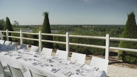 Wedding decorated table all in white, France Stock Footage 229417404