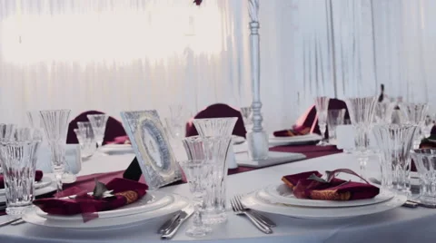 Wedding decoration and festive table in a restaurant slow motion Stock-Footage 54084228