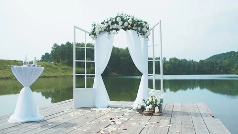 Wedding decoration, exit registration,  festive table Stock-Footage 144991439