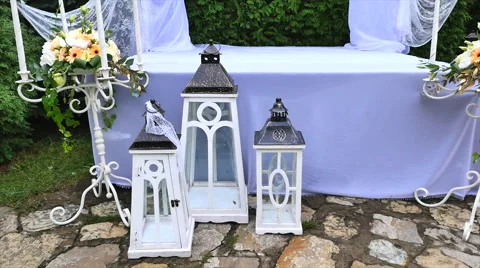 Wedding decoration with table and white arch Video stock 65336459