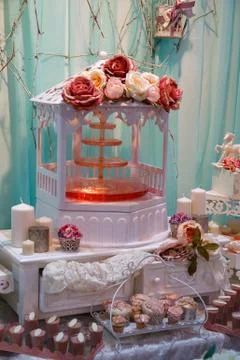 Wedding decorations and sweets on the table Stock Photos