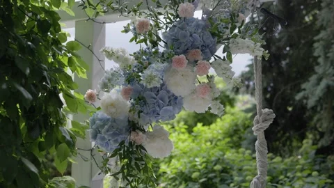 Wedding decorations are beautifully designed with pastel floral elements Stock Footage 304589339
