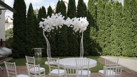 Wedding decorations on a backyard like snow trees on sky background Stock Footage 125756450