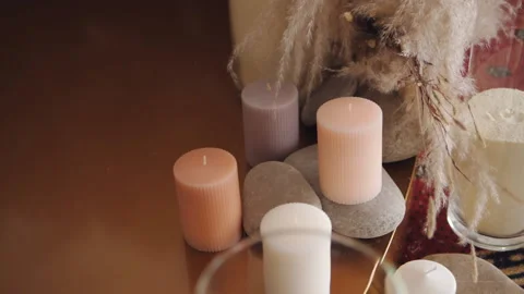 Wedding decorations. Close-up of candles and bouquets of Pampas grass at the Stock Footage 149818295