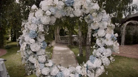 Wedding decorations made of white and blue flowers. Stock Footage 167435949