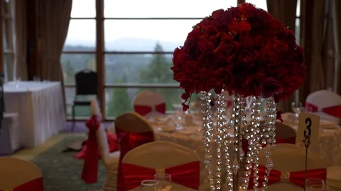 Wedding decorations oh table prior wedding ceremony. Banquet hall. Stock Footage 74277908
