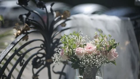 Wedding decorations from white and red flowers ceremony floristics Video stock 93722895