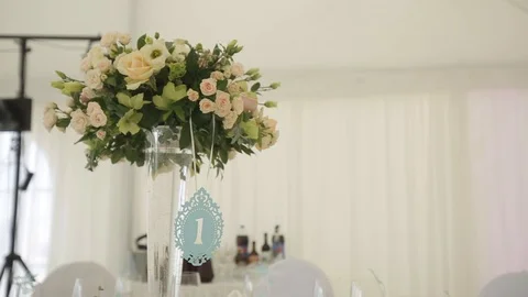Wedding decorations from white and red flowers ceremony floristics Video stock 93723315