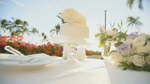 Wedding delicious cake on the dessert stand on wedding table on resort hyatt Stock Footage 101117789