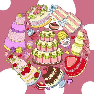 Wedding delicious cake round pattern vector illustration. Chocolate and fruity Illustrazione stock