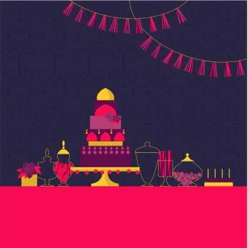 Wedding dessert bar with cake.  Vector illustration. Stock Illustration