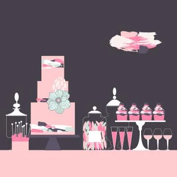 Wedding dessert bar with cake.  Vector illustration. Stock Illustration