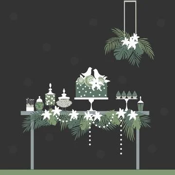 Wedding dessert bar with cake.  Vector illustration. Illustrazione stock