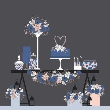 Wedding dessert bar with cake.  Vector illustration. Stock Illustration