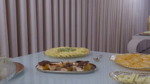 Wedding Dessert Table with Chocolate Pastries and Fruit Platters Stock Footage 340178340