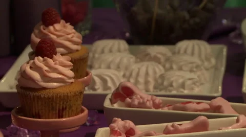 Wedding dessert table decorated in lilac tones Stock Footage