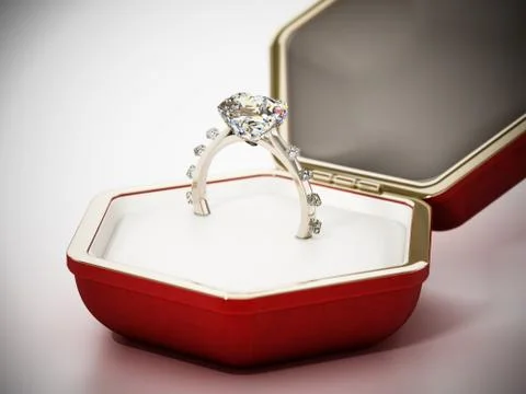 Wedding diamond ring standing in hexagonal box. 3D illustration Illustrazione stock