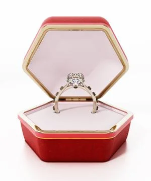 Wedding diamond ring standing in hexagonal box. 3D illustration Illustrazione stock