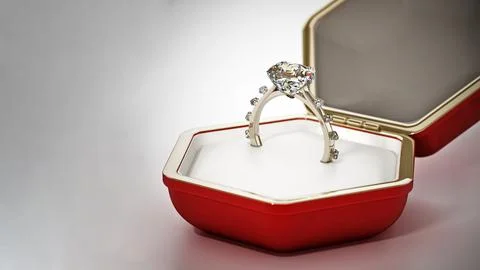Wedding diamond ring standing in hexagonal box. 3D illustration Stock Illustration