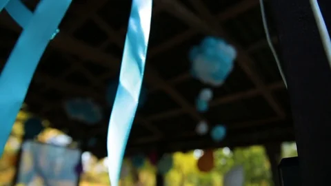 Wedding different decor, straw. Outdoors wedding ceremony, focus, closeup. Stock Footage 82978083