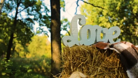Wedding different decor, straw. Outdoors wedding ceremony, focus, closeup. Stock Footage 82978531