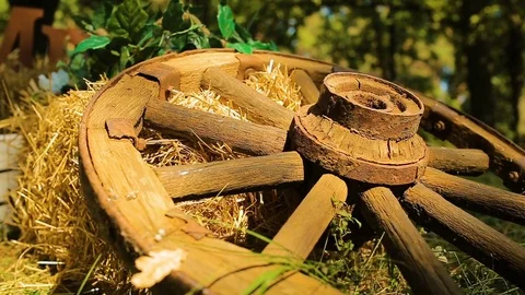 Wedding different decor, straw. Outdoors wedding ceremony, focus, closeup. Stock Footage 82979093