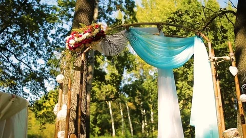 Wedding different decor, straw. Outdoors wedding ceremony, focus, closeup. Video stock 82980923