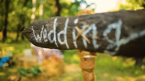 Wedding different decor, straw. Outdoors wedding ceremony, focus, closeup. Stock Footage 82981275