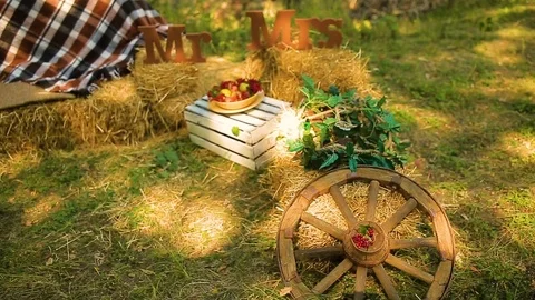 Wedding different decor, straw. Outdoors wedding ceremony, focus, closeup. Stock Footage 82981522
