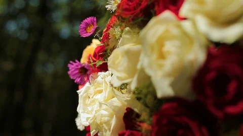 Wedding different decor, straw. Outdoors wedding ceremony, focus, closeup. Stock Footage 82982601