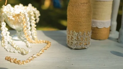 Wedding different decor, straw. Outdoors wedding ceremony, focus, closeup. Stock Footage 82982845