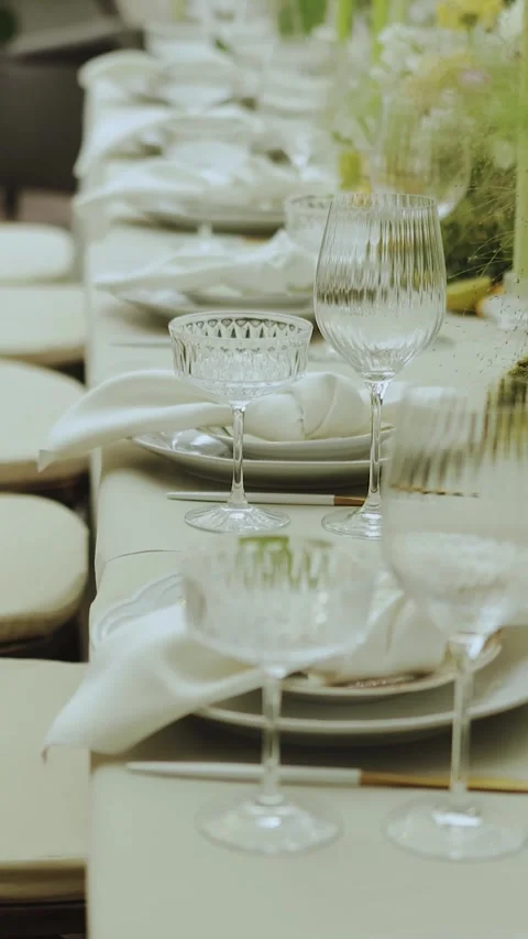 Wedding dining table that perfectly showcases elegant glassware and chic decor Stock Footage 306530072