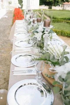 Wedding dining table. Rustic wedding. Stock Photos