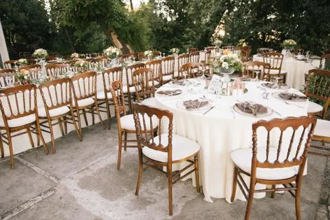 Wedding dining table. Rustic wedding. Stock Photos