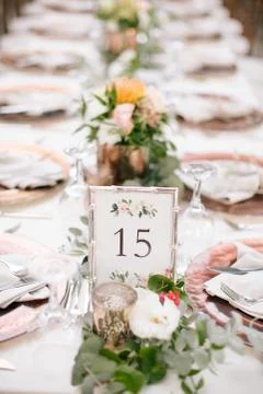 Wedding dining table. Rustic wedding. Stock Photos