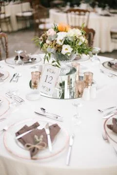 Wedding dining table. Rustic wedding. Stock Photos