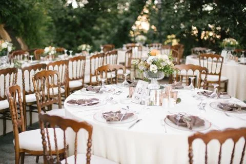 Wedding dining table. Rustic wedding. Stock Photos