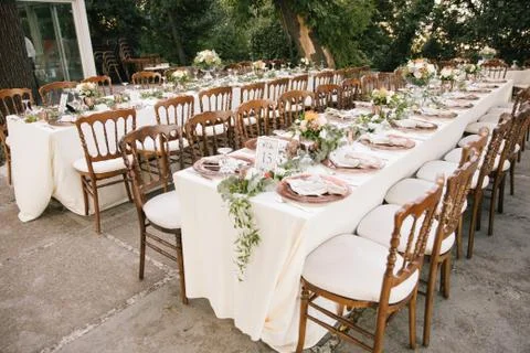 Wedding dining table. Rustic wedding. Stock Photos