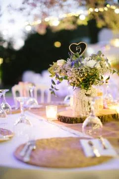 Wedding dining table. Table number nine. Rustic wedding. Stock Photos