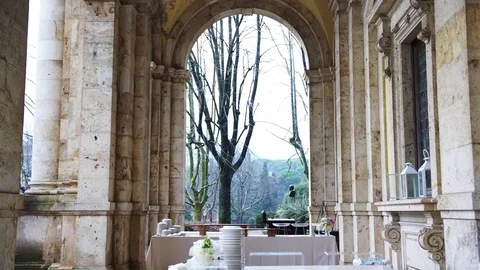 Wedding dinner preparation, preparing tables for the banquet in Italy, 4 Stock Footage 72438400