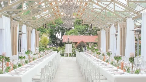 Wedding Dinner Table Decoration Setting Zoom Out  Animation Video stock 240010714